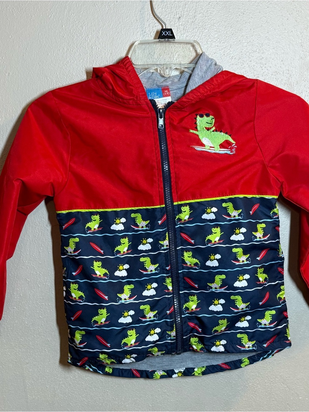Kids Lily & Dan Red & Navy Dino Zip-Up Light Jacket Sz XS (4/5)